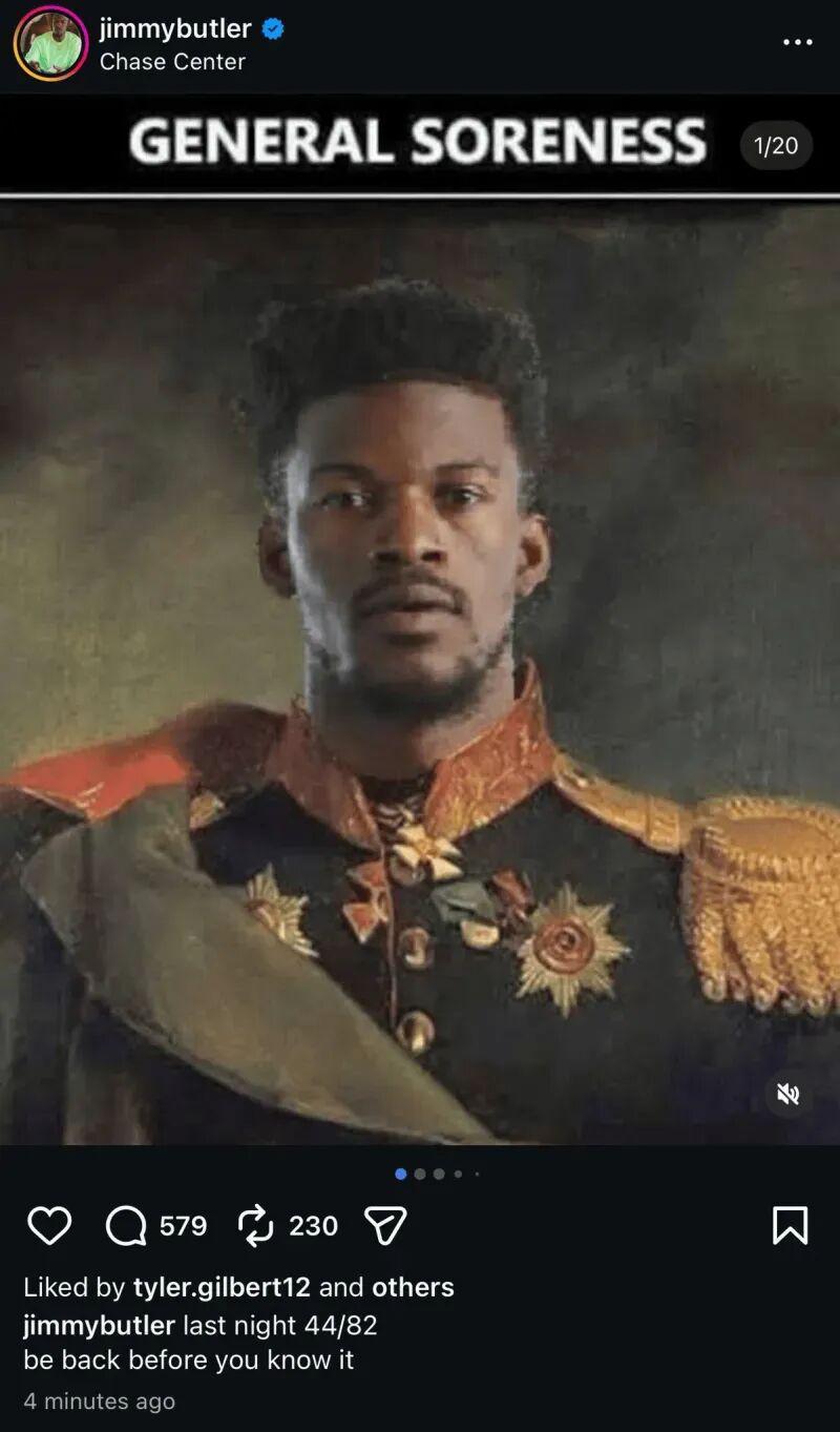 爱体育入口-一图流|巴特勒赛季报销心情不错，晒图自嘲：酸痛将军！